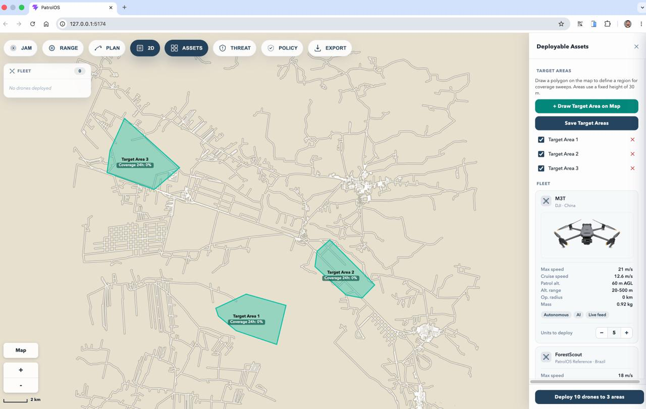 PatrolOS planning console - site map with patrol zones and deployment panel